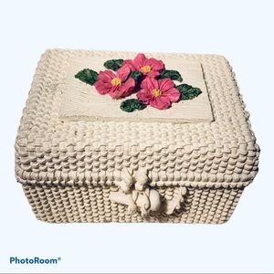 Aged Basket Weave With Rose Design Trinket Box